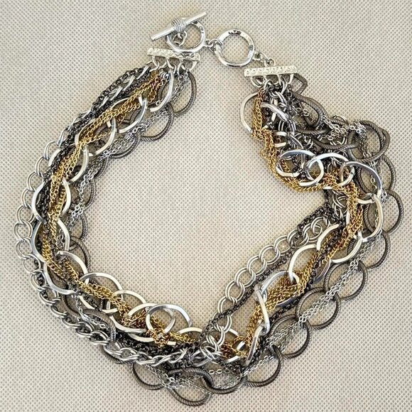 Chunky Necklace Multi Layer Gold Silver Tone Black Toggle Closure - Picture 2 of 2
